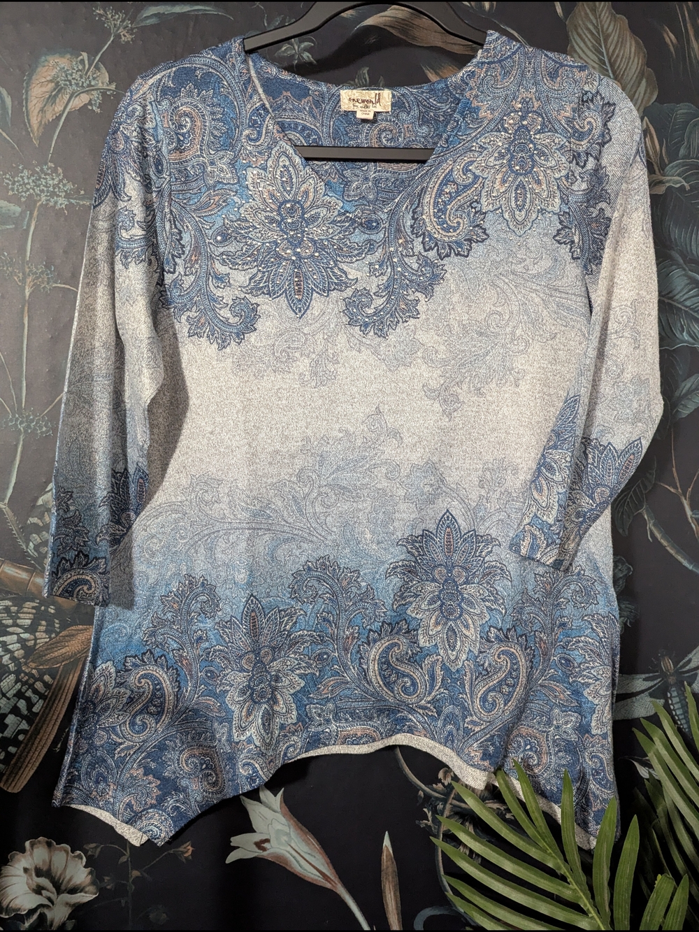 One World Blue Ombre Paisley Rhinestone Handkerchief Hem Top Size L